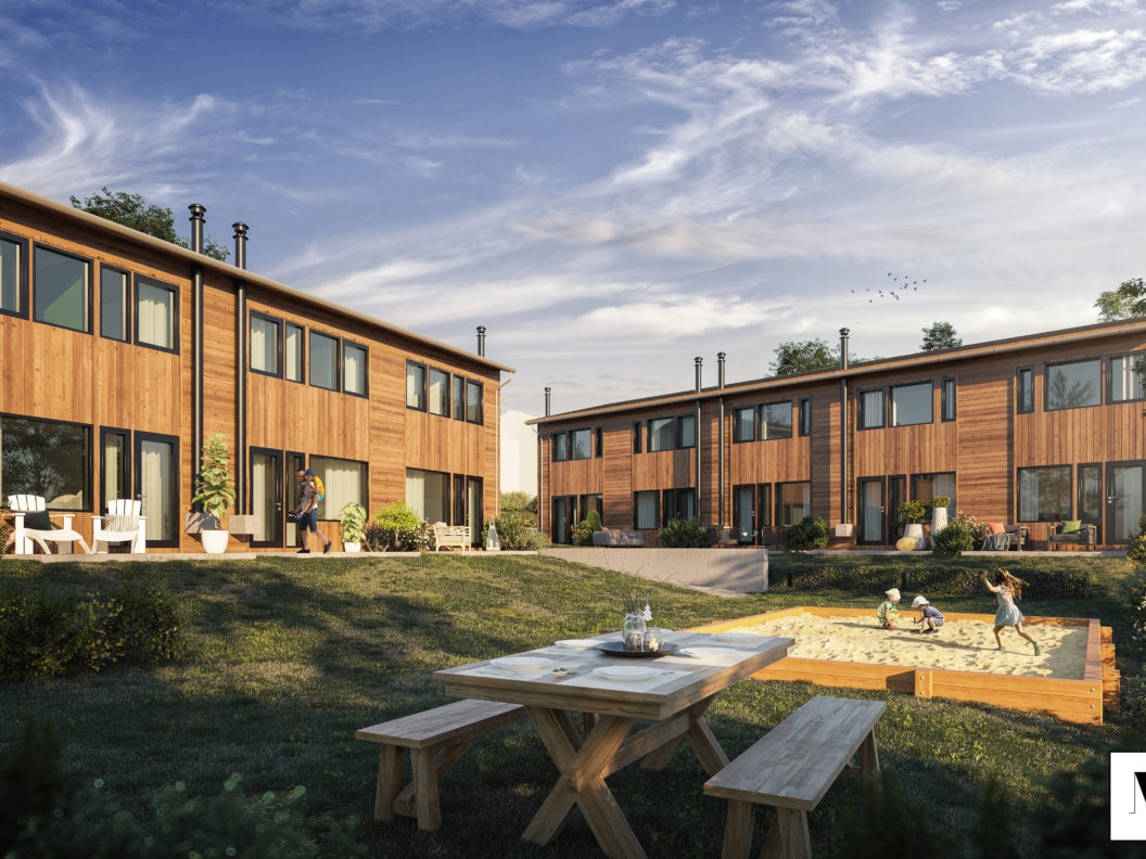 en gjengivelse av et hus med svømmebasseng.